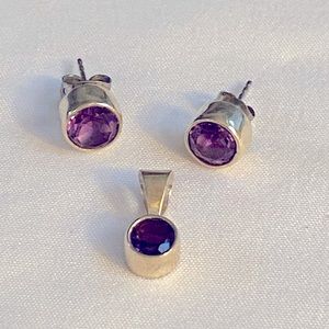 Vintage Sterling Silver and Amethyst Pierced Earrings and Pendant